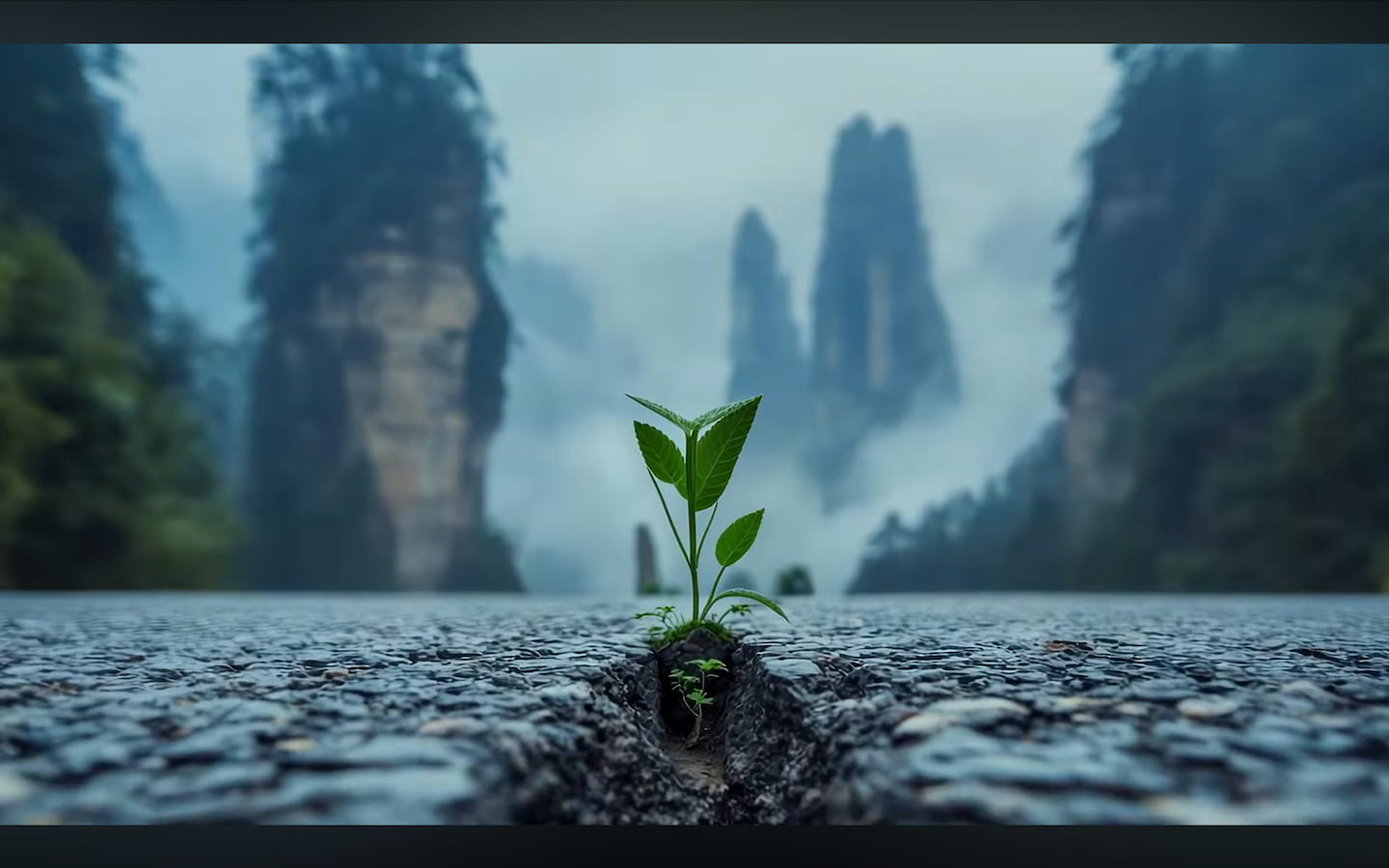 A seedling in the cracked road.
